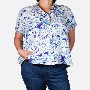 Maeve Anthropologie Linen Nautical Surplice Back Shirt Sailboat Print 0X Large